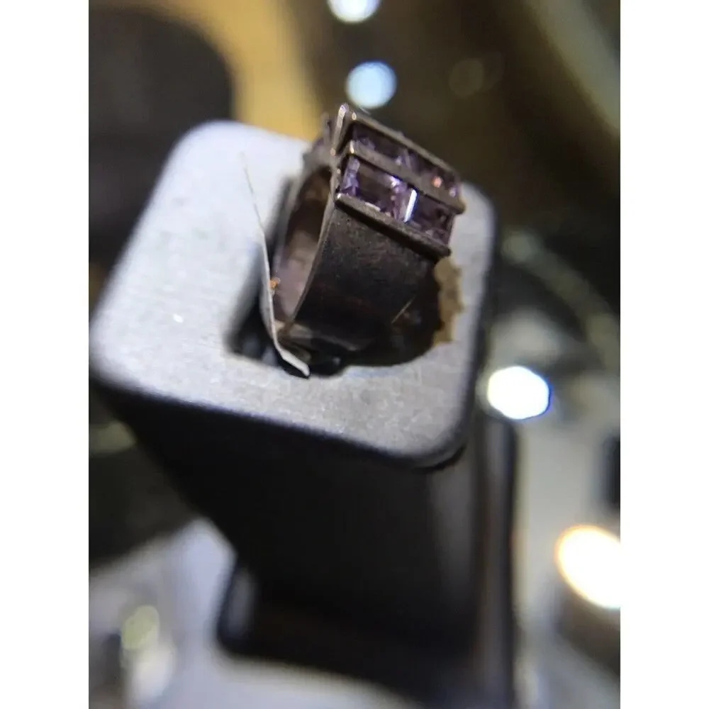 Amethyst Ring Sz7 10 Channel Set Stones Silver 925 (All Stones Simulated)